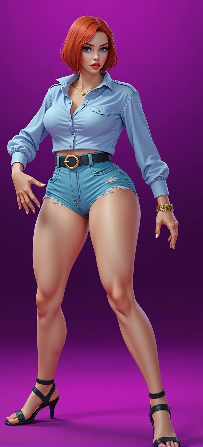 a beautiful young woman with short red hair, detailed face features, big breasts, fit body, wide curvy hips, big ass, wearing a cropped shirt and spandex short shorts, belts, brazil, (best quality,4k,8k,highres,masterpiece:1.2),ultra-detailed,(realistic,photorealistic,photo-realistic:1.37),highly detailed portrait,cinematic lighting,warm color tones,intricate details,elegant,fashionable,dynamic pose