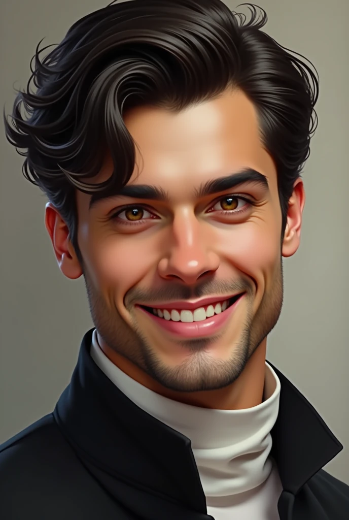 Portrait of a man in his mid-20s to early 30s with dark, thick hair, curled around the nape of his neck and falling forward to brush his equally dark eyebrows. High and wide cheekbones, A straight nose, a square and firm jaw, and his well-shaped mouth when he smiles reveals two dimples in his cheeks and he has golden eyes