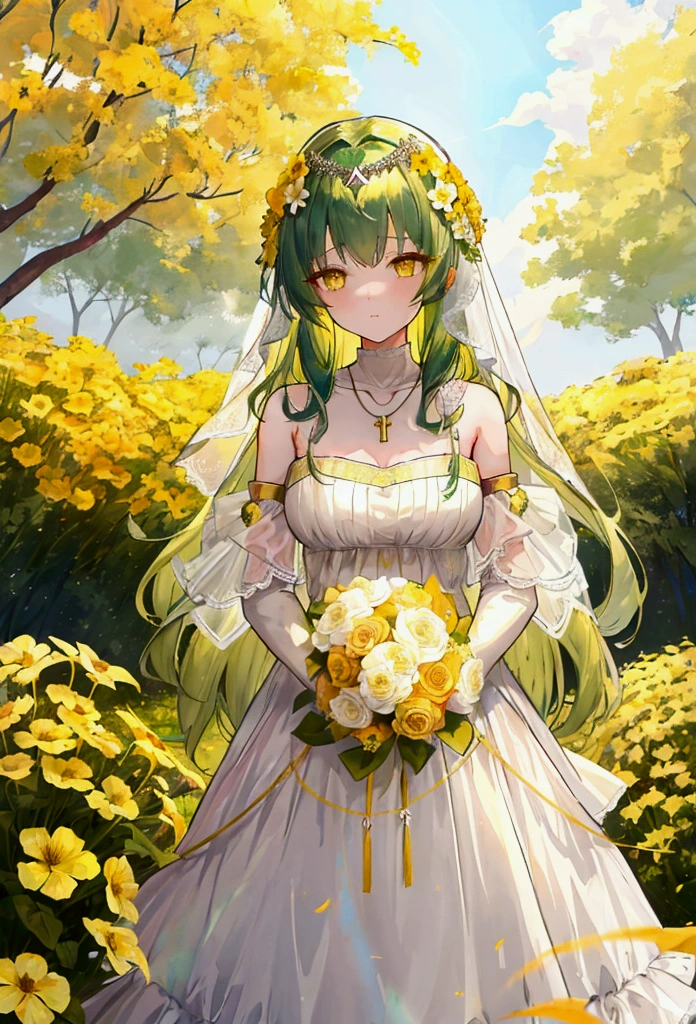 a girl with long dark green hair, yellow eyes,Wedding dress，Bangs，The golden sun in the background，Silver cross necklace，Sea of Flowers
