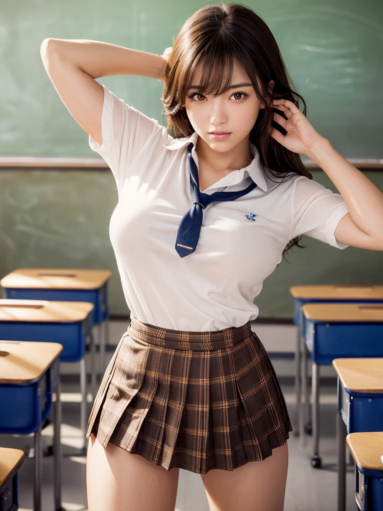 masterpiece,Highest quality,1 girl,Cowboy Shot,Front view,Young and cute Japanese,A small smile,lunch break,((High school classroom:1.5)),Schoolgirl uniform,Summer clothes,wear,wear a super super short blue plaid pleated micro mini skirt,No underwear,Very cute face,Glossy Lips,Big eyes,Brown eyes,Double eyelids on both eyes,(Natural Makeup),Shiny, smooth, long light brown hair,Asymmetrical bangs,Center image,8k resolution,Attention to detail,Detailed hairstyle,Detailed face,Cinema Lighting,Octane Rendering,Ultra-realistic,Perfect limbs,Beautiful legs,Voluptuous thighs,Huge breasts,(Glowing Skin,Sweaty:1.3)Perfect Anatomy,Spread your legs,((Provocative dynamic pose:1.5)),Skirt flip