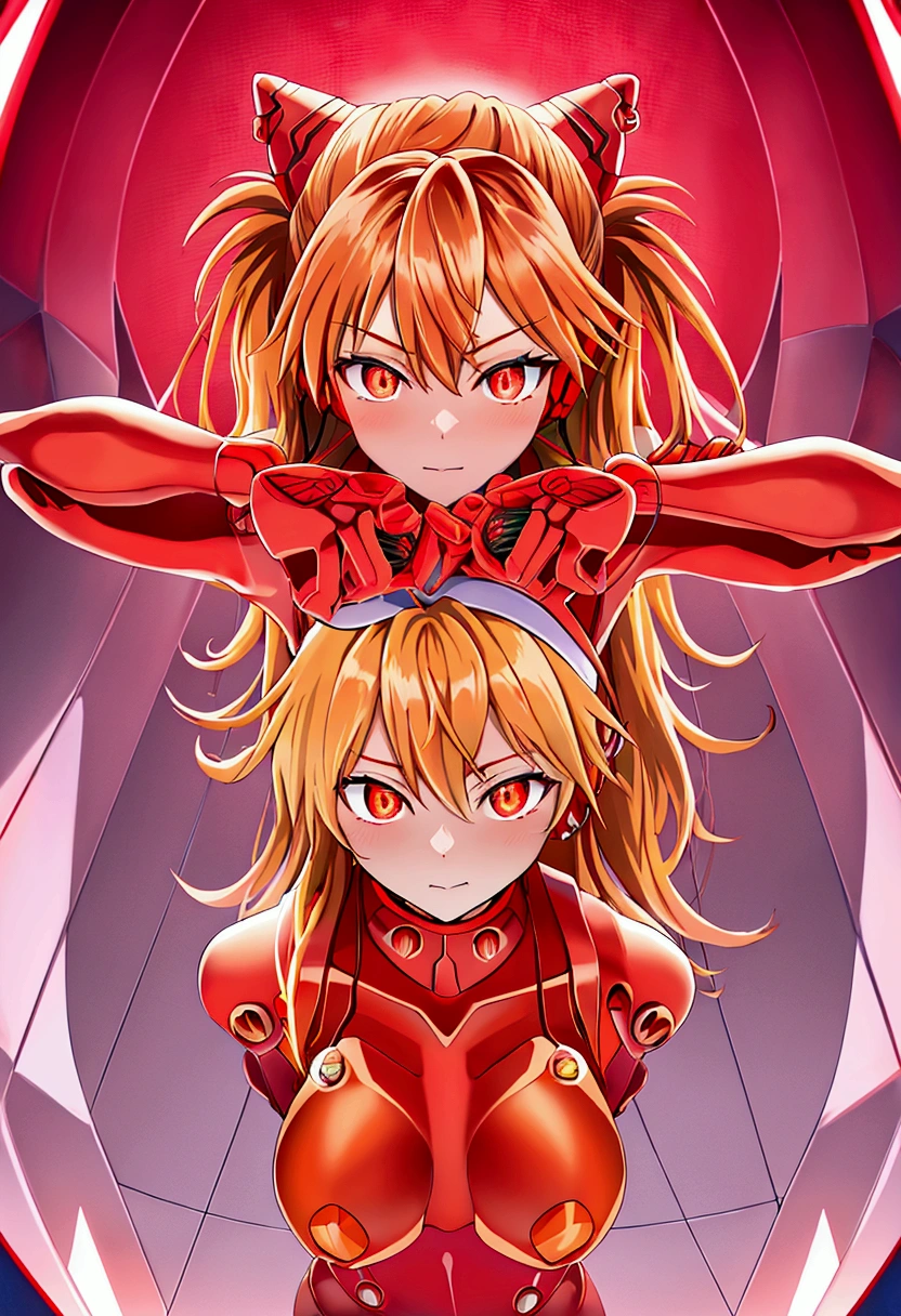 (Overhead view),dynamic angle,ultra-detailed, illustration, close-up, straight on, 1girl, ((souryuu asuka langley, interface headset, red bodysuit:1.4, blonde)),Her eyes shone like dreamy stars,(glowing eyes:1.233),(beautiful and detailed eyes:1.1),(expressionless,closed mouth),(standing), (mechanic room with toolsand spaceship windowin a white SPACESHIP), 