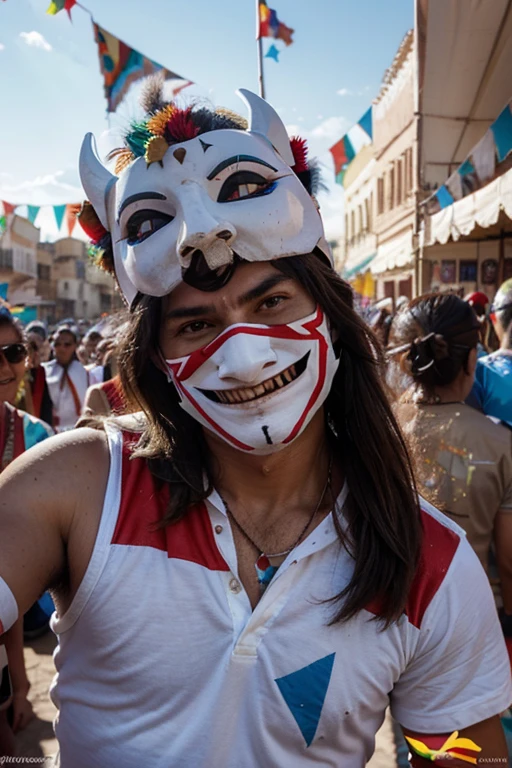 the Humahuaca carnival of Argentina, in Jujuy, with a white devil mask on his face, celebrating with several people, with the Argentine flag in the background