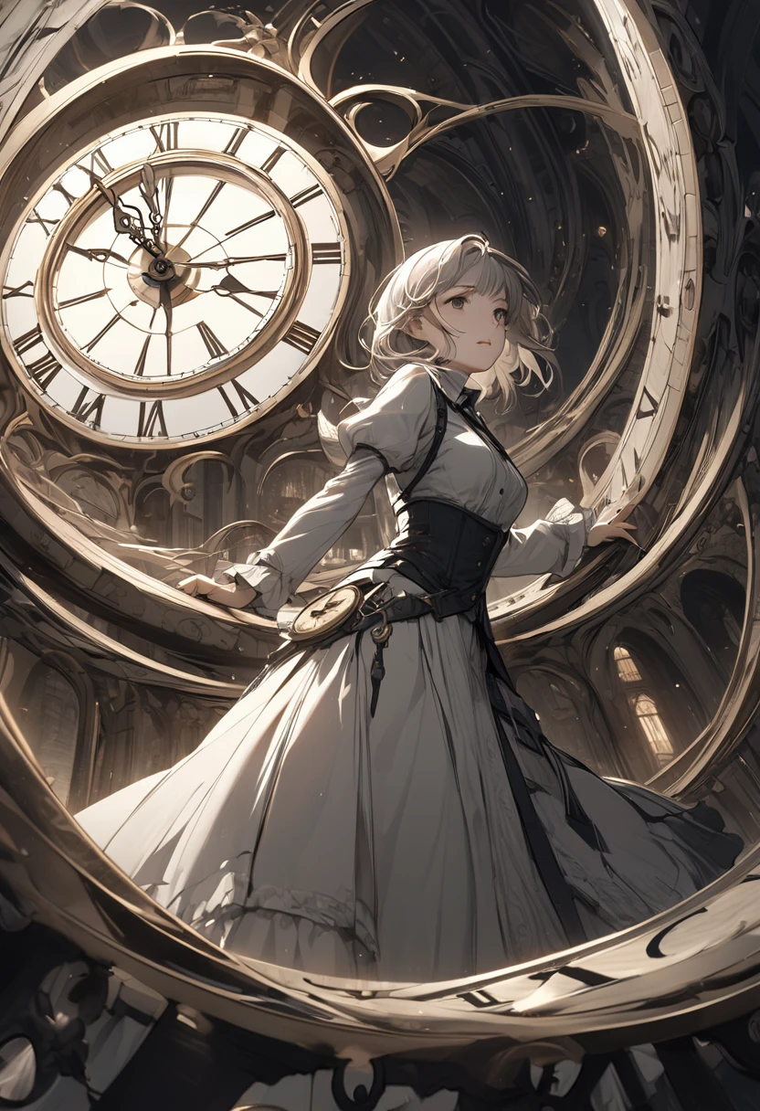 ((Mystery, Fantasy)), ((a girl trapped in time at a lone clock tower)), intricate details illuminated by a soft and eerie glow, (clock's minute hand moves with precision, hour hand follows in steady rhythm, marking the passage of time),destination, (Time seems to bend and twist, creating a sense of disorientation and wonder),
an air of mystery and intrigue,
(masterpiece, best quality), dynamic angle, (sharp focus), (muted colors, dim colors, soothing tones:1.3),