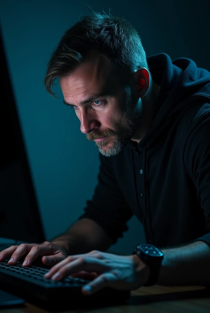 A suspenseful image, of a man sitting in front of the computer