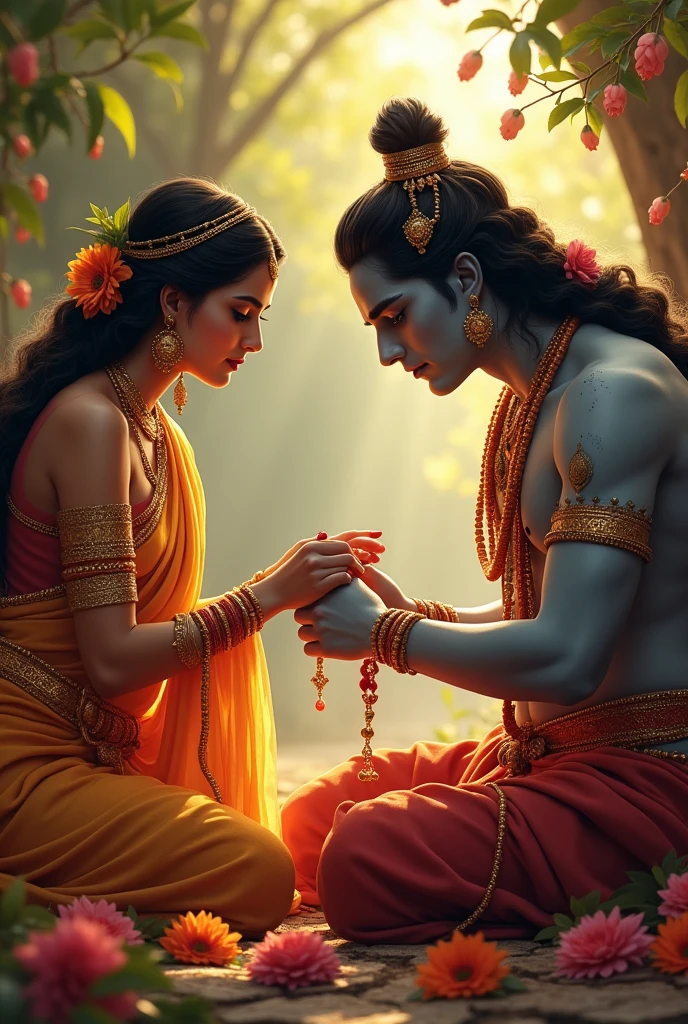 Draupadi tying Rakhi on the right hand of Lord Krishna