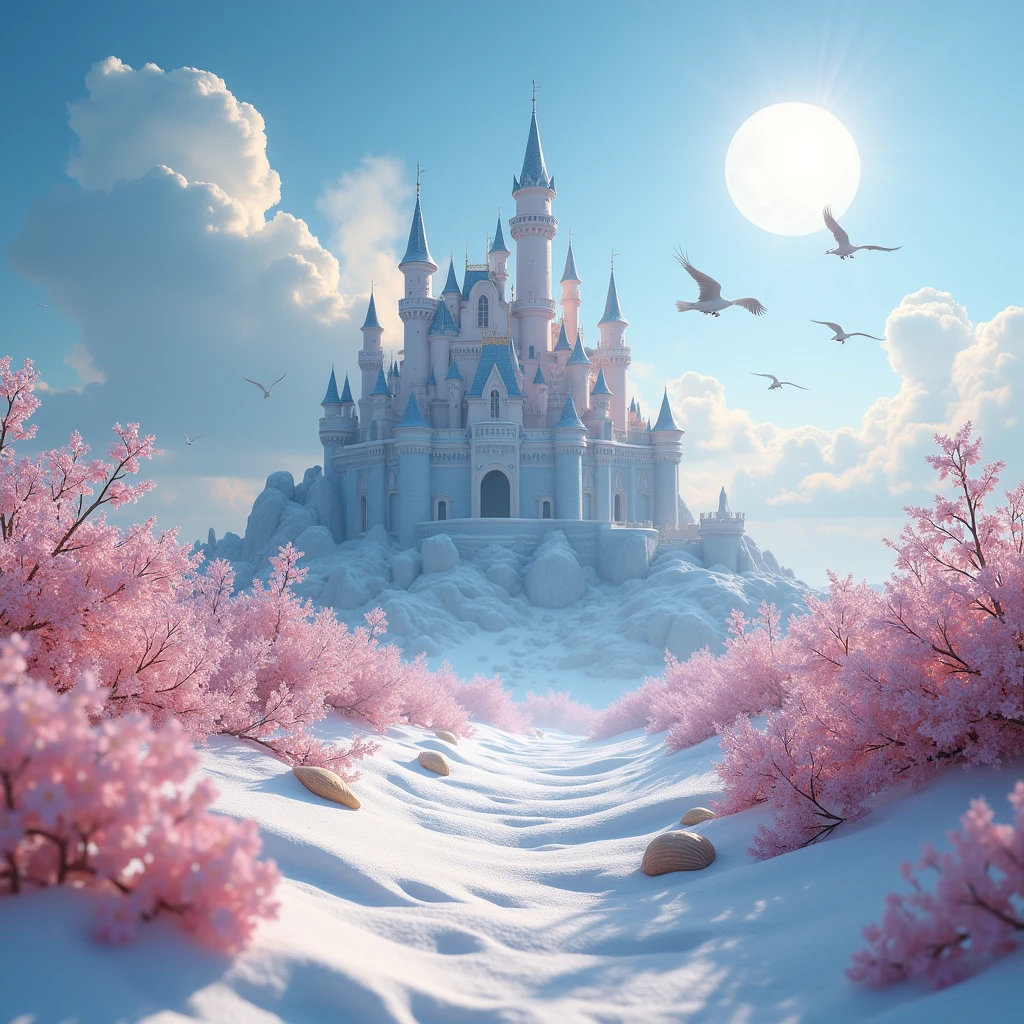 Castle, flowers, delicate scene, sky, white clouds, and sunlight shine on the snow-white beach. birds, pink flowers and bright big shells, diamond crystal, on the beach, fantasy, night sky, moon, smoke, fire, photo, HD, 8K, UHD, super detail, high quality, 1080P