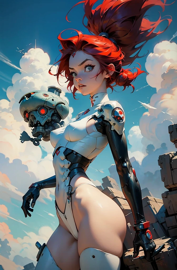 Epic Cinematic PUNK ROCK cute red haired woman, with bouncing breasts no clothes in the style of Tony Sandoval and Ashley Woods art. Fighting robots in the the clouds.