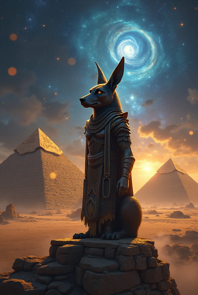 for beer, Anubis Desu of Egypt, The pyramid, starry sky with Alien effects