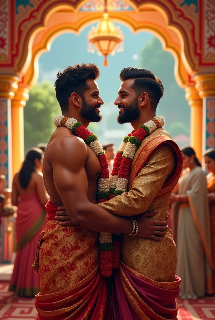 Indian gay two boy's marriage, traditional culture, one boy muscular with beard, second boy cute ,