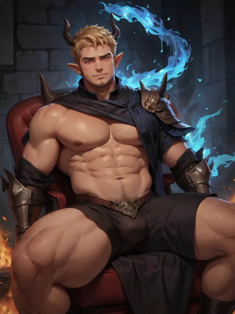 Tiefling man, mature face, muscular, 35 years, very short haircut, shaved temples, blonde hair, thick stubble, tan skin, stubble on his face, brown eyes, he is dressed in leather armor, his body is enveloped in blue flames, pronounces a spell, has demonic horns on his head, has a demonic tail, blue flames burn clothes on his body, king of hell, sits on the throne,