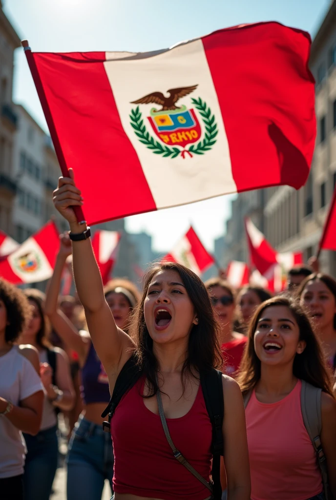 Group of young Peruvians demonstrating with the Peruvian flag