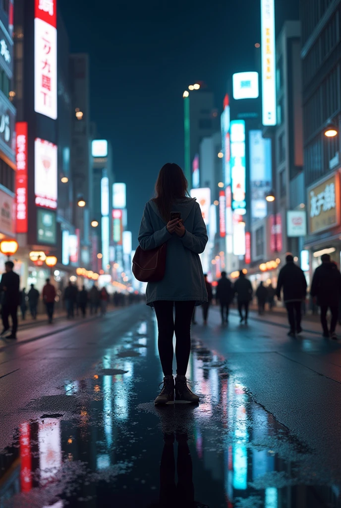 masterpiece,Highest quality,(Ultra-high definition CG Unity 8K wallpaper),(Highest quality),Physical Rendering,puddle,City view reflected on the water,Reflection of light,night,Busy Street,Passers-by々,Shibuya City,A woman standing alone, operating her smartphone.,
