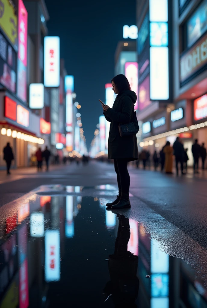 masterpiece,Highest quality,(Ultra-high definition CG Unity 8K wallpaper),(Highest quality),Physical Rendering,puddle,City view reflected on the water,Reflection of light,night,Busy Street,Passers-by々,Shibuya City,A woman standing alone, operating her smartphone.,