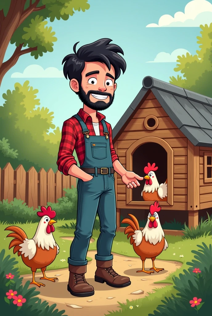 Create a 25 year old white guy, with black hair, social, with beard and taking care of his chicken coop in cartoon