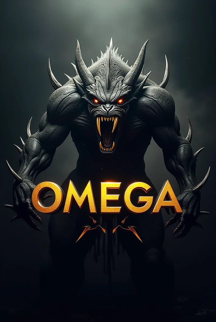 I need to logo for OMEGA with goldren font and a monster.