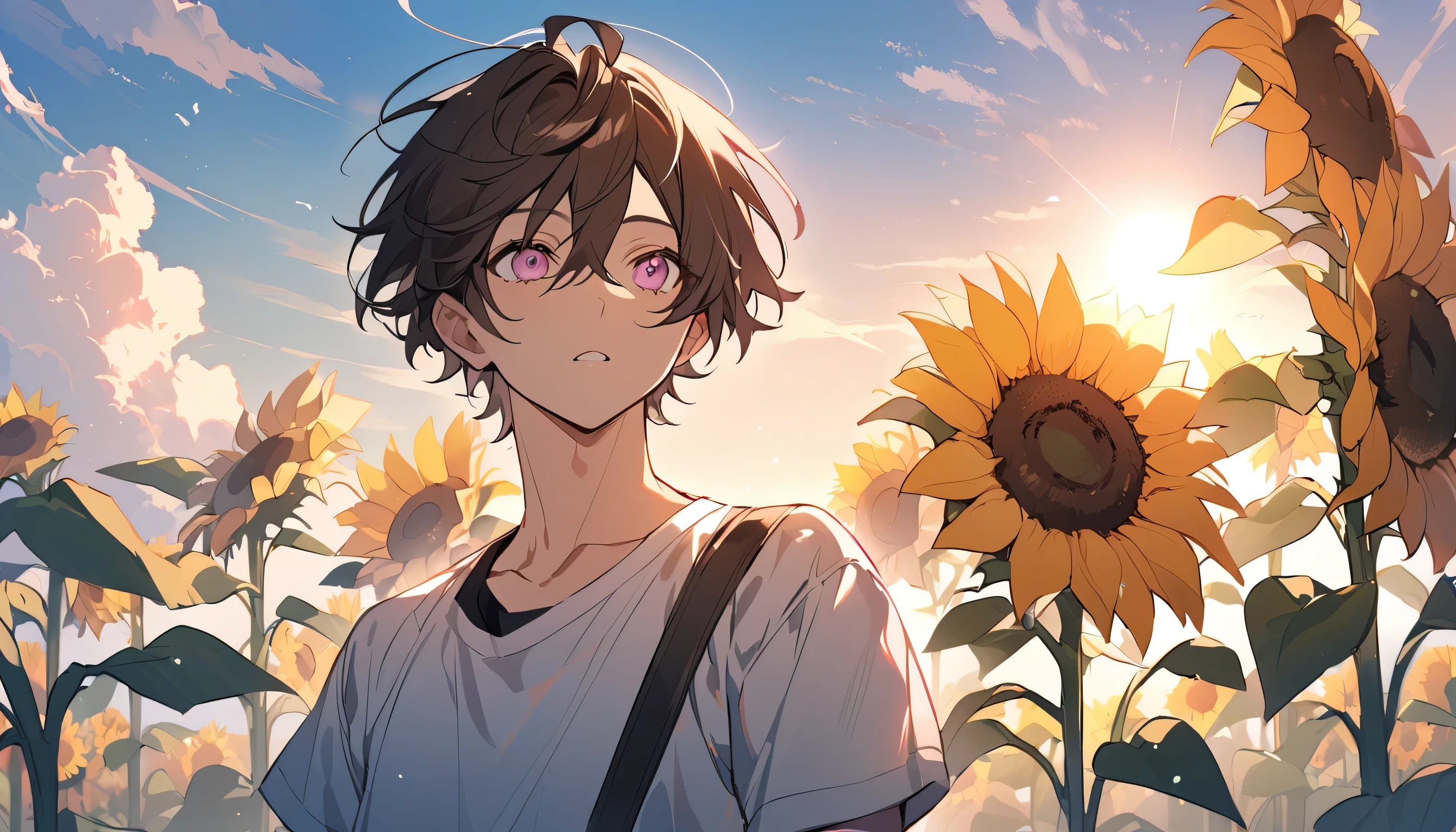 good looking, A male high school student alone, 1 male, Dark brown hair, Pink highlights on the tip, Pale pink eyes,summer,A vast blue sky,sun,Looking up at the sky,The background is sunflowers and nature.