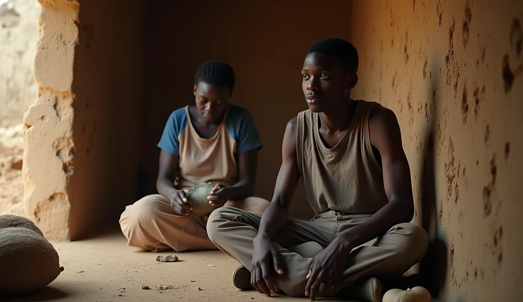 Contexte de la scène : Assane, un jeune homme de 25 ans, est assis dans une maison en terre battue, regardant sa mère, Sofie, travailler dur pour nourrir la famille.
Prompt d'image : Un jeune homme noir de 25 ans, avec un regard désespéré, assis dans une maison traditionnelle béninoise, tandis qu'une femme noire d'âge moyen travaille durement à côté de lui.