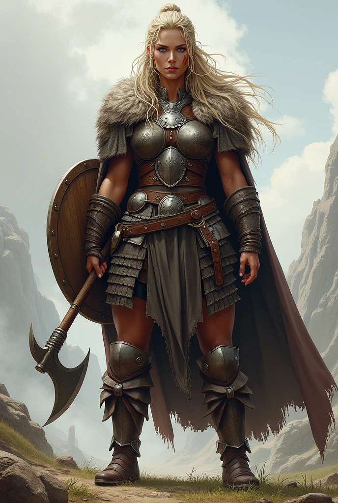 Drawing of a female viking warrior with strong body and scar on left eye, wearing lamellar armor and a fur cape over the shoulders, holding a round wooden shield and a viking axe