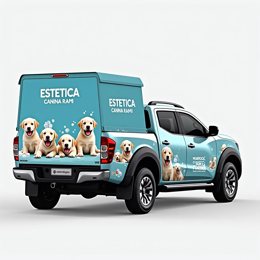 Create a design for a white Nissan NP300 pickup truck., with a blue dry box that says “ESTETICA CANINA RAMI” with a striking design with smiling bathed puppies with images of bubbles, shampoo, scissors, combs, etc. on the outside 