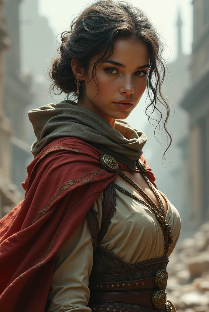 a girl with beautiful detailed green eyes, black hair tied in a bun, wearing a strapless midi dress, red scarf around her neck, flowy arm sleeves, photorealistic, intricate details, highly detailed face, extremely detailed, cinematic lighting, dramatic shadows, vibrant colors, oil painting style, elegant, serene, graceful pose