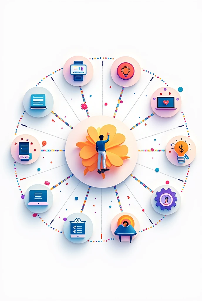 "Create a universe of icons representing essential 21st-century skills. Each icon should be sleek, modern, and visually appealing, symbolizing key skills such as creativity, critical thinking, collaboration, communication, digital literacy, problem-solving, innovation, and adaptability. Arrange the icons in a dynamic, interconnected layout, giving the sense that they are part of a larger system or ecosystem. Use a bright and inspiring color palette, with each icon distinct yet cohesive within the design. The overall visual should evoke curiosity, progress, and inspiration, symbolizing the limitless potential of students mastering these skills in a modern, evolving world." the background should be white and icons can be colourful