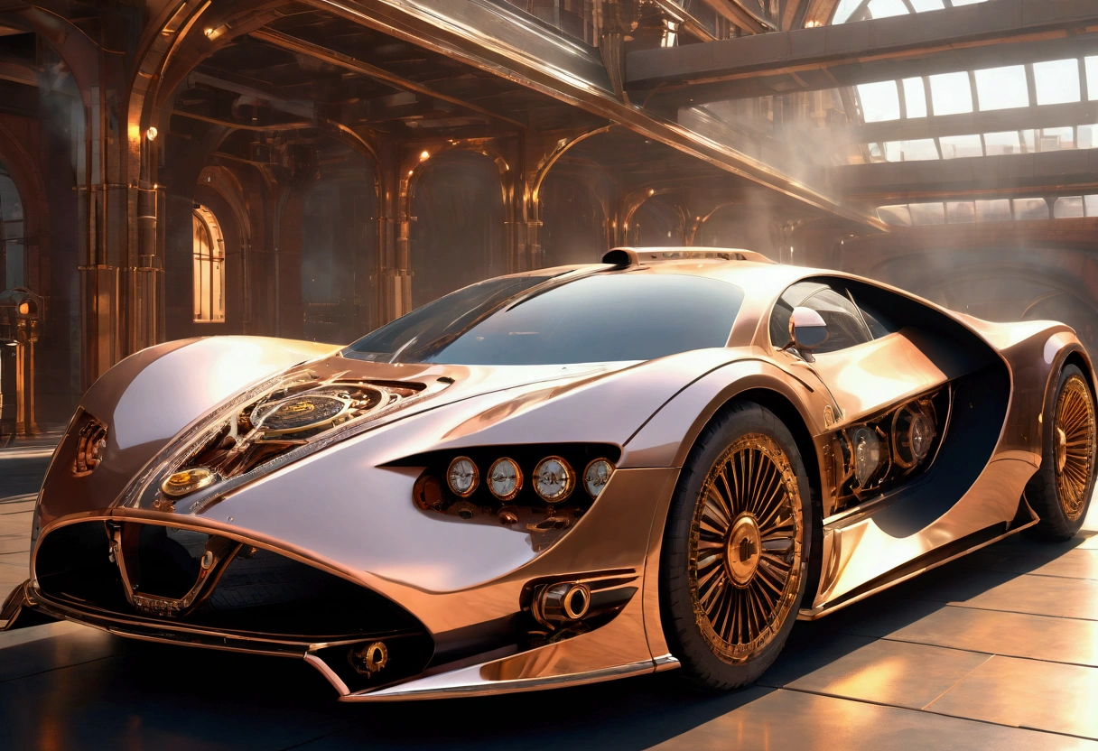 1 highly detailed steampunk supercar, intricate gears and machinery, copper and brass accents, glowing steam vents, ornate chrome details, luxurious leather interior, advanced futuristic technology, complex turbine engine, gleaming polished surfaces, dramatic lighting, cinematic camera angle, photorealistic, 8k, ultra-detailed, masterpiece