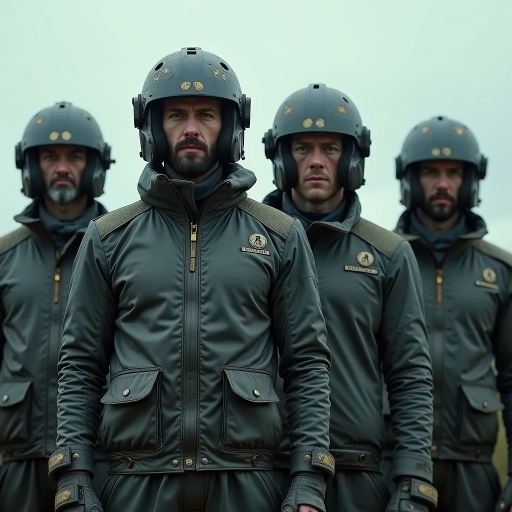 there are four men in helmets standing in a line, cyber steampunk 8 k 3 d, television screenshot, the fifth series, mugshots, anthropomorphic machine, standing in wasteland, wales, promotional shot