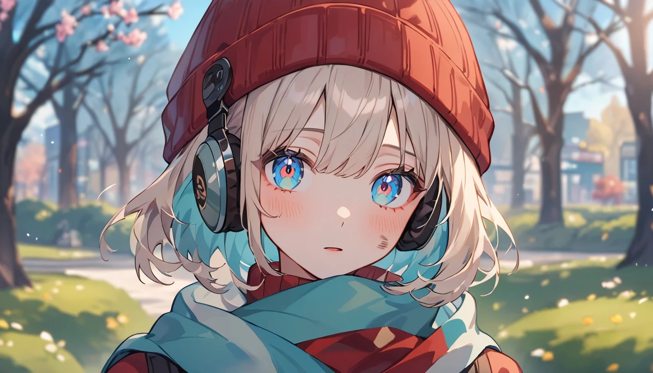 Anime Style、cute、Tabletop:1.2, high quality, 最high quality, High resolution, Surreal, and, Short Bob，Dirty hair, Bright blue eyes,Infinitely clear eyes，，High neck inner，Red knitted hat，scarf，Long skirt，Are standing，Tilt your head, Outdoor，Spring Park:1.5，Blurred Background, Portraiture,Natural look, (詳しいface), ((Sharp focus)), ((face)), Upper body_body、Spring Park、Winter Sky、The world begins to emerge、Headphones