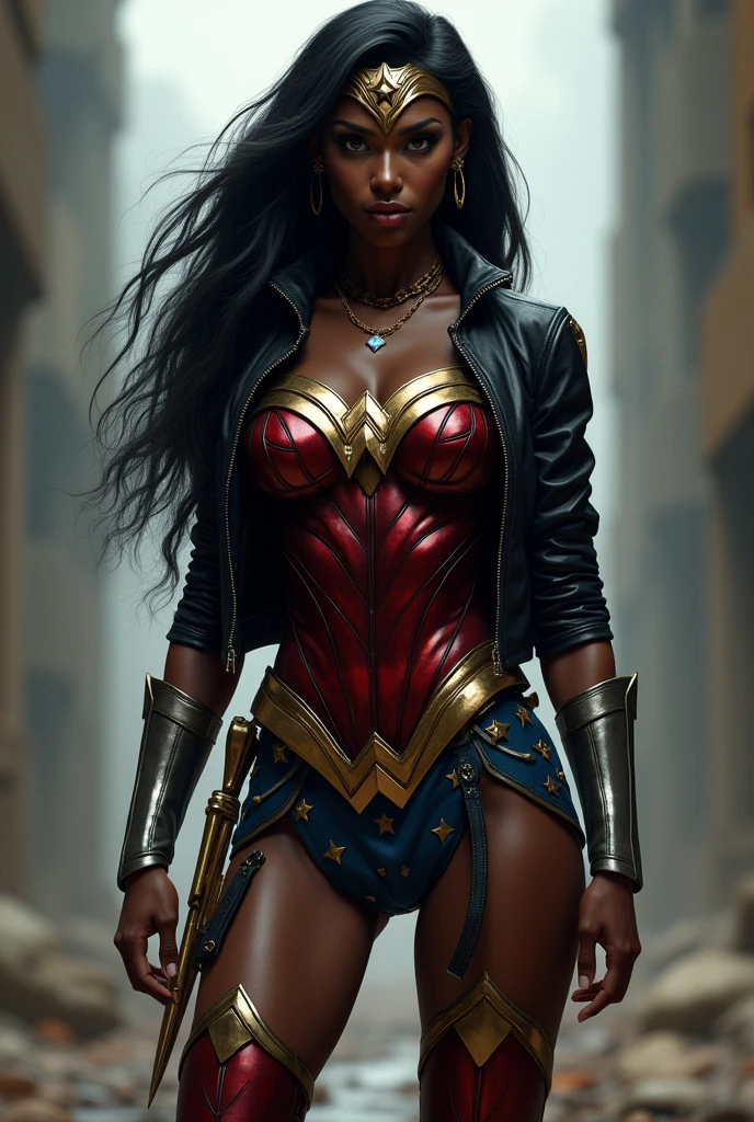 A beautiful black-skinned woman with long black hair under the mantle of the Amazonian warrior Wonder Woman, black leather jacket suit, red corset and black leather pants, long red knee-high boots, Diaema Wonder Woman on her forehead