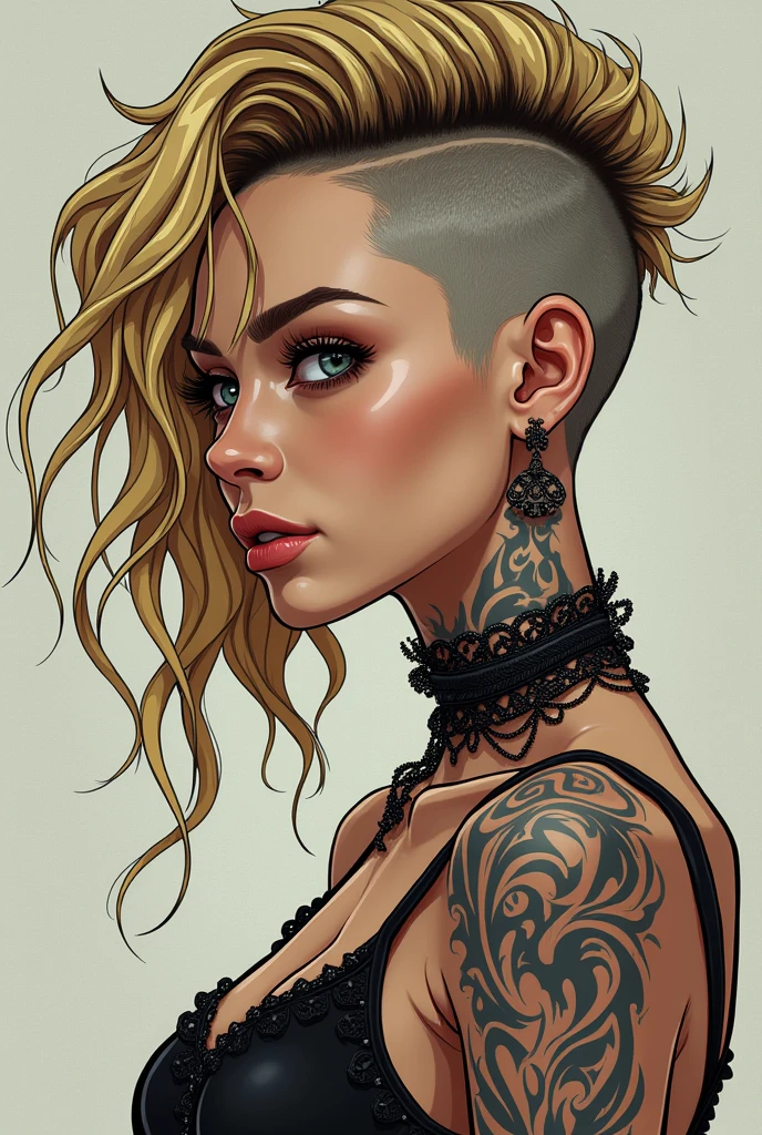 (masterpiece, best quality:1.2), 1girl, solo, a cartoon image of a 20 year old woman , ((Shaved side hairstyle:1.4)), (Punk:1.3), (((asymmetrical hair:1.3)), ((blonde long hair:1.3)) and ((brown shaven hair:1.2)), ((tribal tattoos:1.3)), anime drawing inspired by Ross Tran, tumblr, digital art, anime styled, in an anime style, anime inspired, in anime style, seductive anime girl, high quality fanart, ross tran style, anime styled digital art, anime vibes, attractive anime girl, anime style, (gothic style:1.2) . mysterious, haunting, dramatic, (minimal, ornate), aesthetic, eerily beautiful, dark surrealism, best quality