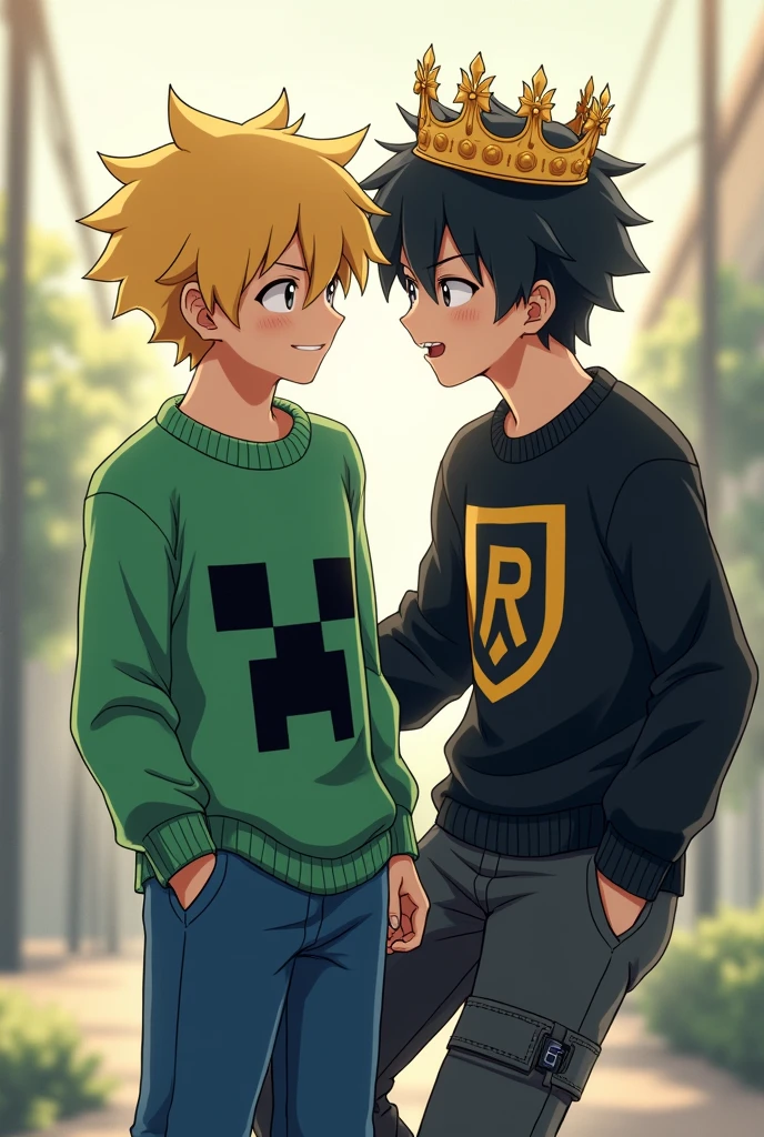 A yellow-haired anime boy wearing a green creeper sweater, blue pants, and black shoes with a black-haired anime boy wearing a crown and a black sweater with a logo.. fire 
