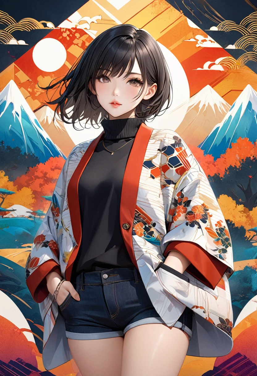 ((8k wallpaper of extremely detailed CG unit, masterpiece, hight resolution, top-quality, top-qualityのリアルテクスチャスキン)), (very beautiful and attractive woman, The upper part of the body, Landscape composition, Pose like a model with your hands in your pockets:1.5, Wear a Japanese-patterned haori over a turtleneck:1.2, Japanese pattern micro mini shorts:1.2), (messy black hair, Plump lips, de pele branca, small tit), (((Colorful background with geometric patterns, Japanese pattern background, warm color))), (high-angle:1.1), (hyper realisitic, digitial painting),