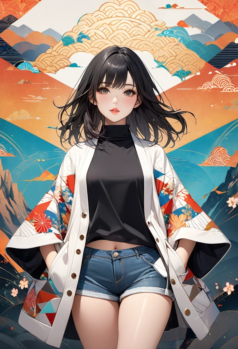 ((8k wallpaper of extremely detailed CG unit, masterpiece, hight resolution, top-quality, top-qualityのリアルテクスチャスキン)), (very beautiful and attractive woman, The upper part of the body, Landscape composition, Pose like a model with your hands in your pockets:1.5, Wear a Japanese-patterned haori over a turtleneck:1.2, Japanese pattern micro mini shorts:1.2), (messy black hair, Plump lips, de pele branca, small tit), (((Colorful background with geometric patterns, Japanese pattern background, warm color))), (high-angle:1.1), (hyper realisitic, digitial painting),