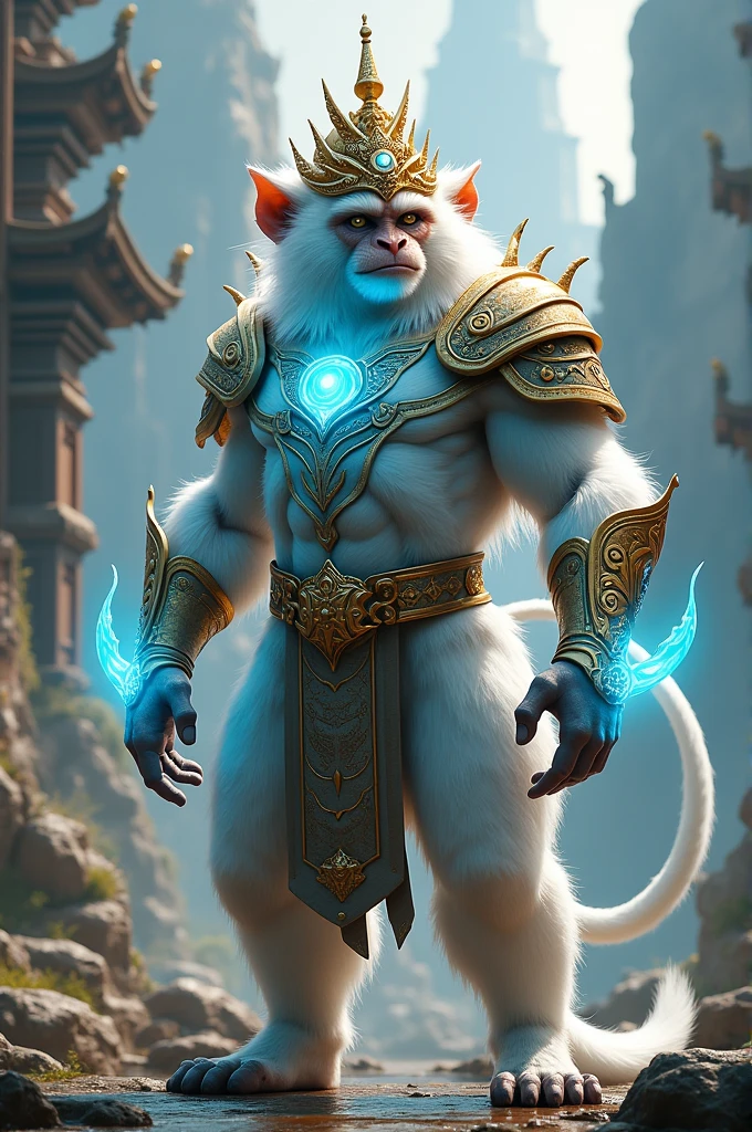White monkey king with a golden crown, sturdy body with armor, his body has a blue and gold aura energy with an ancient temple in the background
