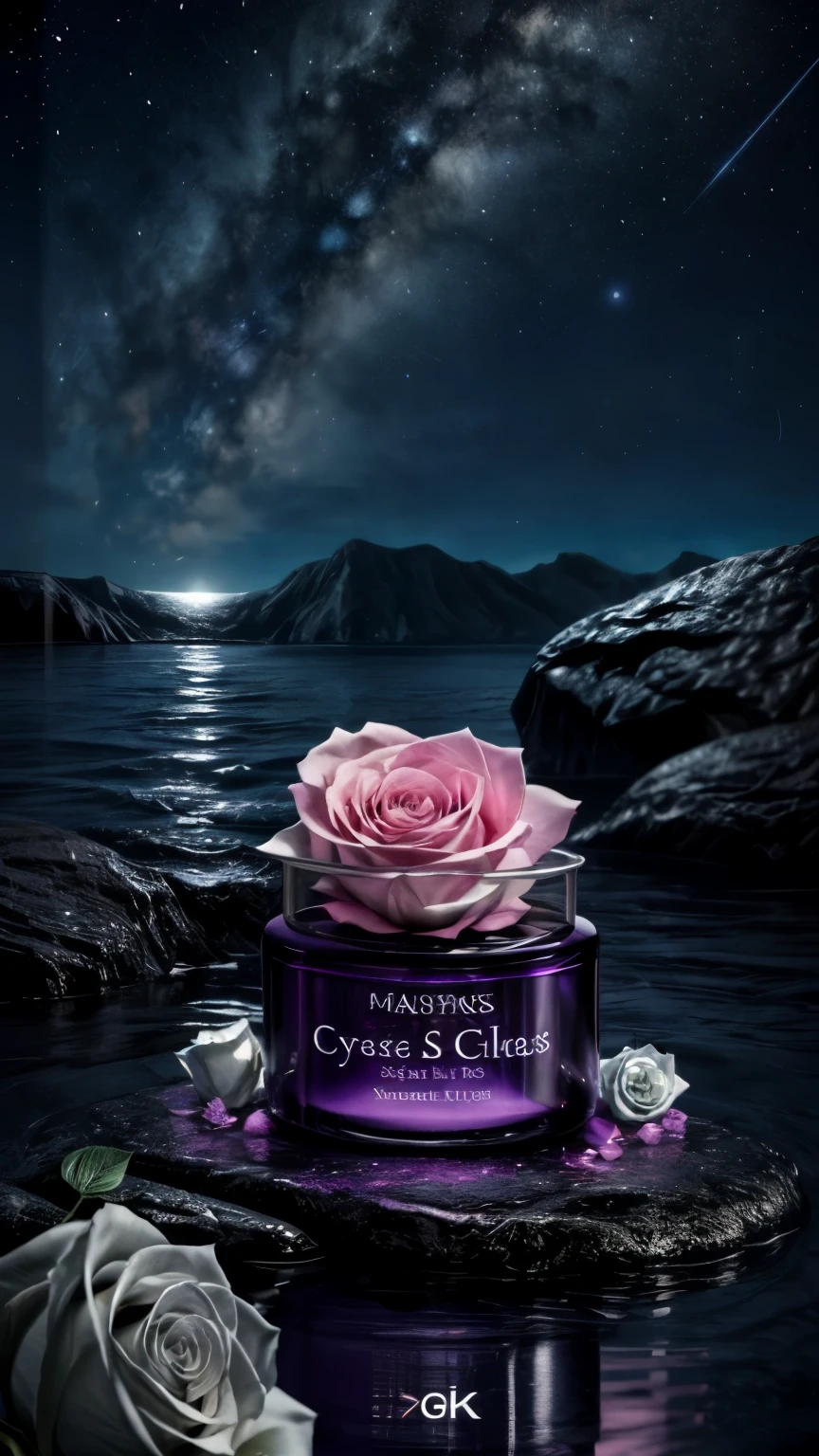 skincare advertisement,realistic,(1 cosmetic cream:0.8) placed on colorful crystals on the sea,surrounded by shining white roses. The background features a serene night sky with a gradient of purple and pink,suggesting the neon lights,(masterpiece:1.4),(8k:1.5)