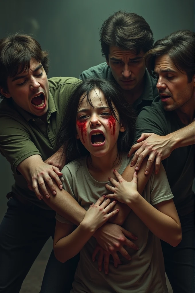 "A harrowing scene depicts a young girl being attacked by several people. Two individuals, one of whom is the girl's friend, are forcefully holding down her arms. Another person is gripping her throat tightly, while others are engaged in further acts of violence. Blood is streaming from the girl's eyes, adding to the horror. She gazes desperately at her friend, hoping for help, but no one lets go. The atmosphere is dark and intense, capturing the girl's fear and the brutality of the attackers."