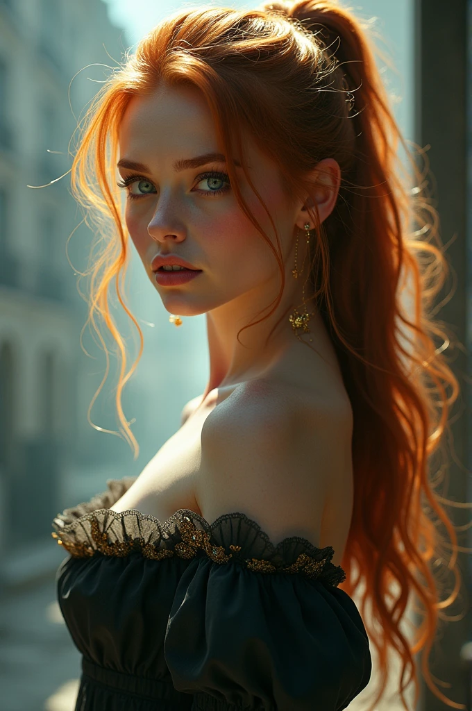 (solo, full body photo:1.3), (action packed:1.3), (haze, fog, mist:1.3), chiaroscuro, best quality, photorealistic, 1woman, (cute), (24yo:1.2), redhead, long ginger hair highly detailed, 1700'S, digital photography, art by artgerm and ruan jia and greg rutkowski surreal painting gold butterfly filigree, broken glass, (masterpiece, sidelighting, finely detailed Fashionable eyes: 1.2) (perfect oval large eyes that gazes at the viewer), beautiful detailed face, blue gorgeous perfect eyes, (blonde hair ponytail), (attractive young woman:1.3), (thick amazing hair), (seductive:1.1), (blushing:1.1)