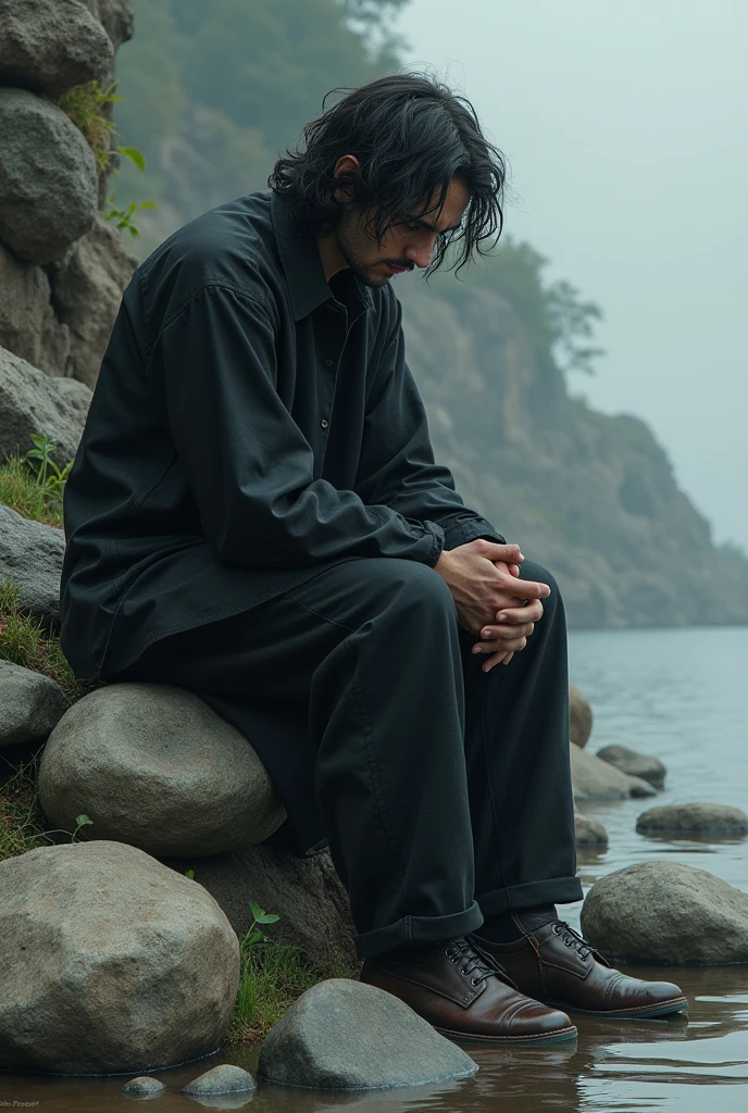 Sad person sitting on some stones thinking