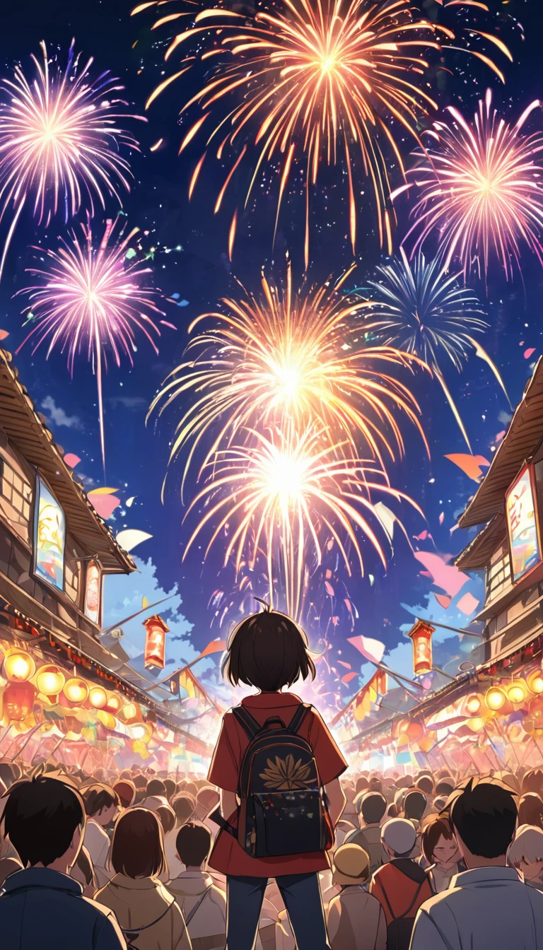 Stile Anime. Pyrotechnician Prodigy: Depict an anime scene where a young, talented pyrotechnician is creating dazzling fireworks, with a backdrop of a festival and crowds watching in awe. --v 5.2