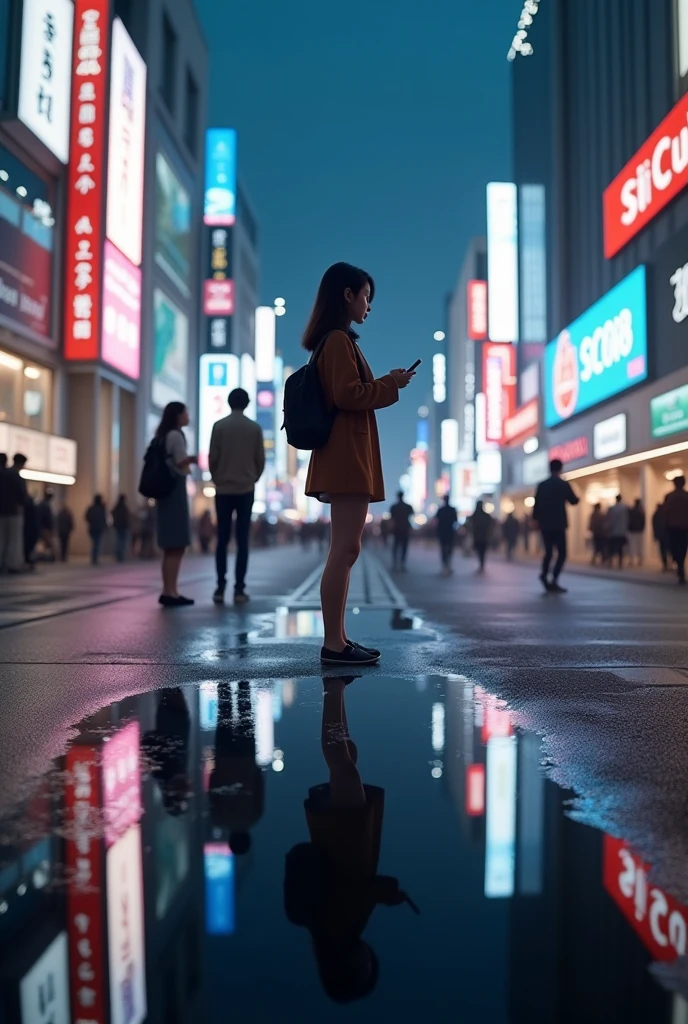 masterpiece,Highest quality,(Ultra-high definition CG Unity 8K wallpaper),(Highest quality),Physical Rendering,puddle,City view reflected on the water,Reflection of light,night,Busy Street,Passers-by々,Shibuya City,A milf stands alone, operating her smartphone.,