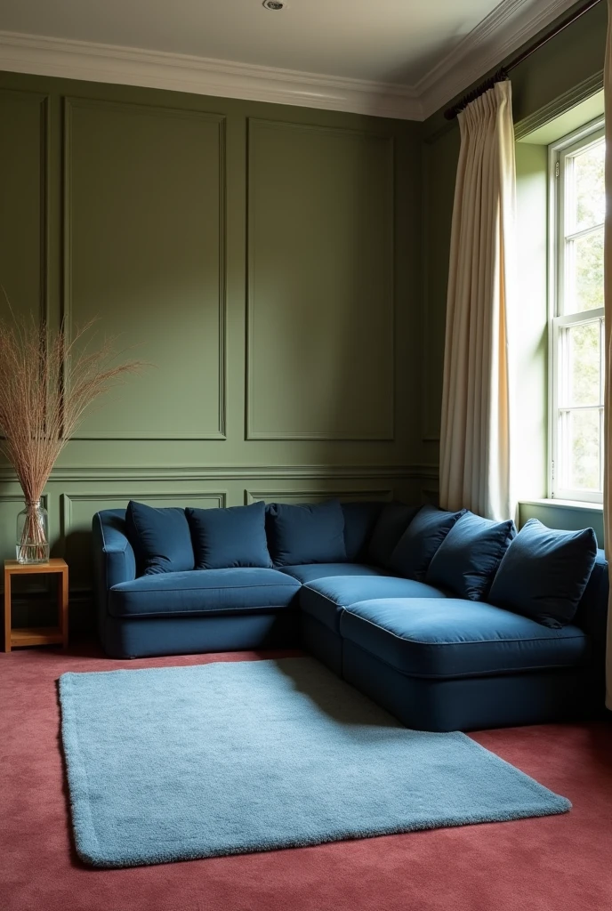 Create drawing room showing two walls view of wall colour olive green. Dark blue colour couch corner attached placing on both wall. Off white colour curtain in the window. Maroon colour carpet on the floor. Light blue colour rectangular rug.