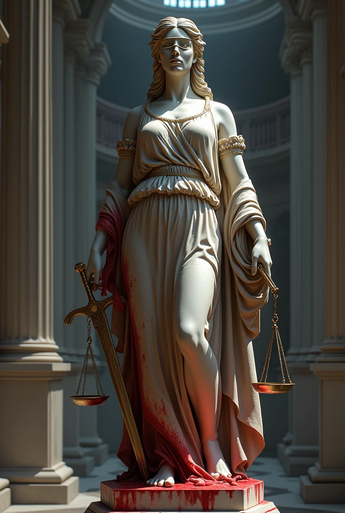 Lady of justice statue wearing the blood stained cloth 