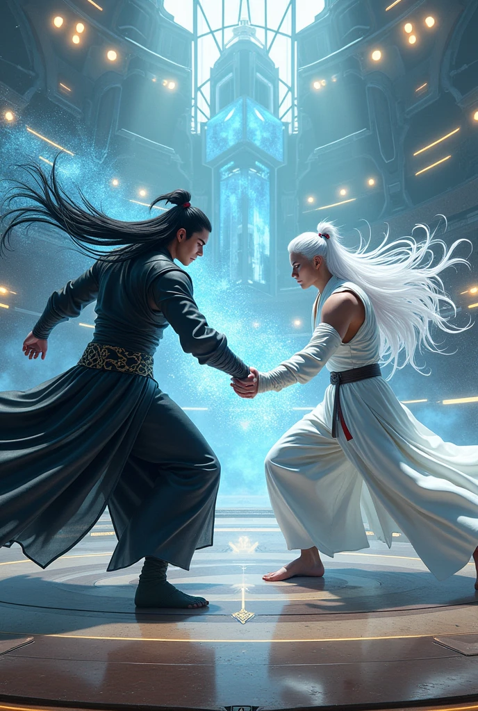 Have two men fighting in a futuristic coliseum, One man has long black hair tied up samurai style, wearing black clothes, and the other man has long white hair and wears a white robe.,  one has elemental power 