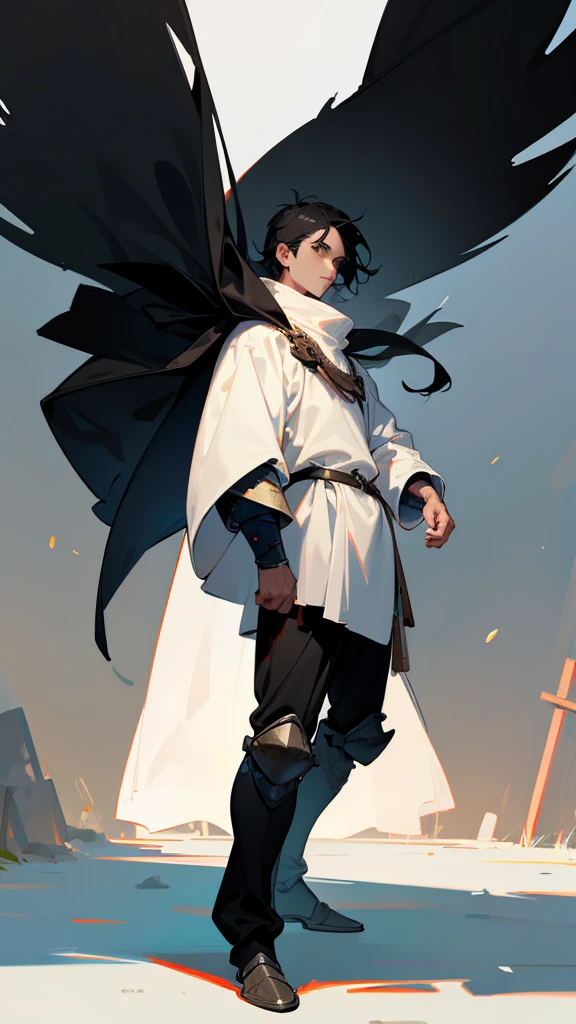 Man, black hair, black eyes, white skin, full body, Wearing light medieval armor,  street background without many details.
