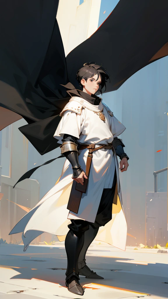 Man, black hair, black eyes, white skin, full body, Wearing light medieval armor,  street background without many details.