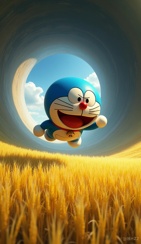 Doraemon falls from a black hole, from above, frightened expression on his face.the scene below is a field of golden rice paddies, 