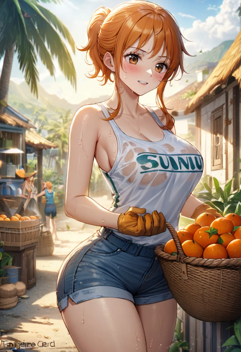 1girl, nami\(one piece\),pony tail,one piece, tangerine orchard, harvest scene, work gloves, loose tanktop, denim shorts, work boots, basket of tangerines, rural setting, sunny day, sweat, wet clothes,relaxed expression,calm atmosphere,soft lighting, village atmosphere, coconut trees in background, masterpiece, best quality, absurdres,cowboy shot