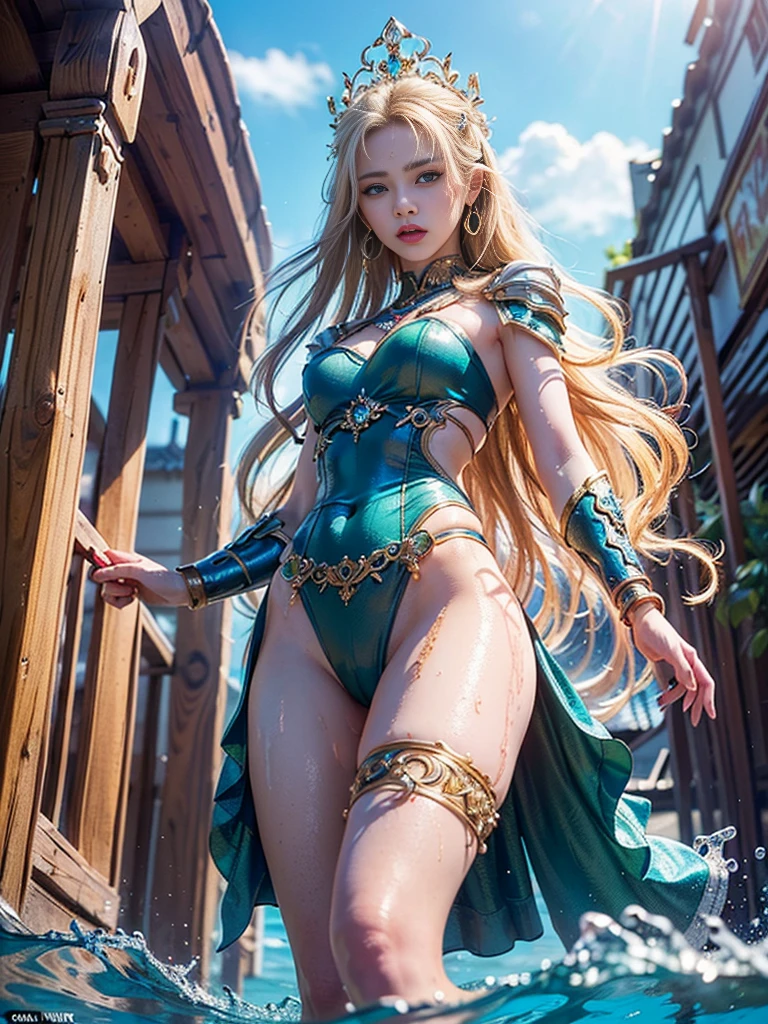 (((masterpiece, best quality))), (((high quality))), (((high resolution illustration))), (((hyper detail))),NSFW, (((Wordsworth's Sharon))),(((Very beautiful long blonde hair))), (((Very beautiful face))), ((((Detailed face)))),(((very beautiful blue eyes))),(((Realistic Skin))),(((her face is flushed))),(((slim body))),(((slim thighs))),(((small breasts))),(((very beautiful slender legs))),(((blue and green armor with extremely detailed and intricate decoration))),(((beautiful earrings))),(((beautiful hair ornaments))),(((in the sea at the very beautiful beach))),(((wet her skin))),(((1girl))),(((1boy))),(((very angry))),(((a girl is walking with a boy ))),(((from below)))