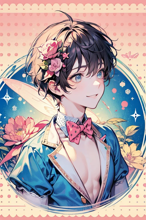 boy,((It's a Small World:1.3)),smile,Princess style from the fairy tale world,alice in wonderland,cheshire cat,close up of face,(polka dot background:1.2),red and white and pink and yellow,(look up:1.3),(NSFW),(plump cleavage),Absolute area:1.3)