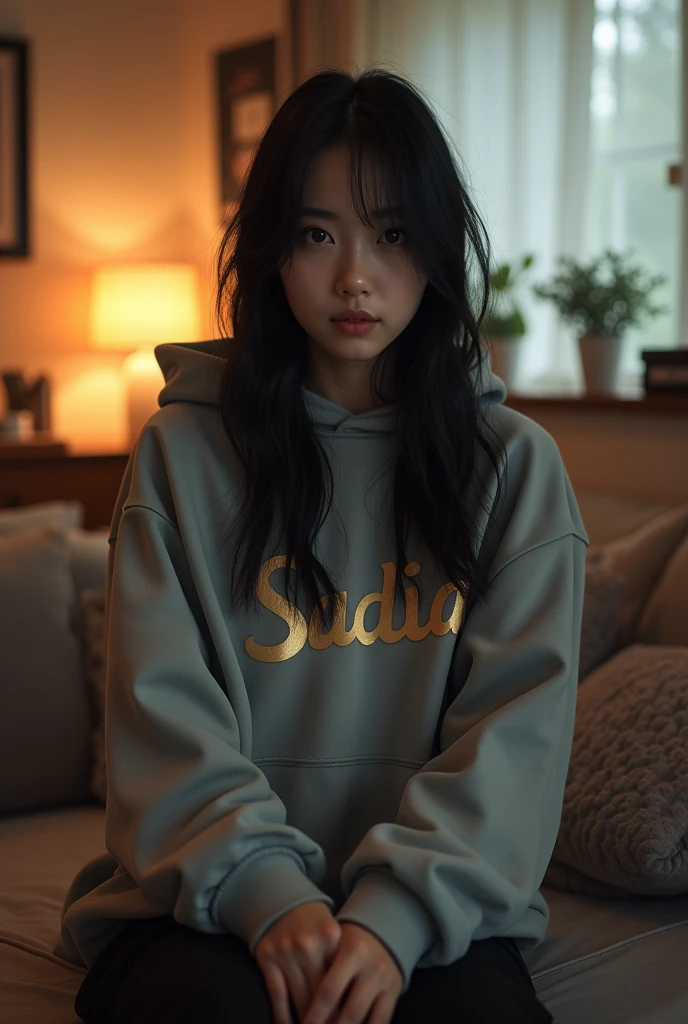 KPOP girl with dark black hair, with hoodie, Sadia name in hoodie, sitting on table, home background